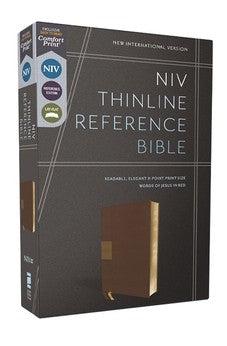NIV Thinline Reference Bible, Leathersoft, Brown, Red Letter, Thumb Indexed, Comfort Print - Biblestore.com