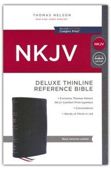 NKJV Deluxe Thinline Reference Bible, Genuine Leather, Black, Red Letter, Comfort Print - Biblestore.com